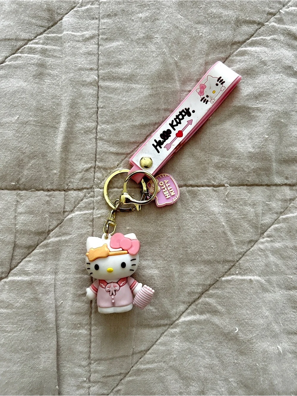 Hello Kitty Pink & White Charm Keyring Wristlet with Gold Hardware